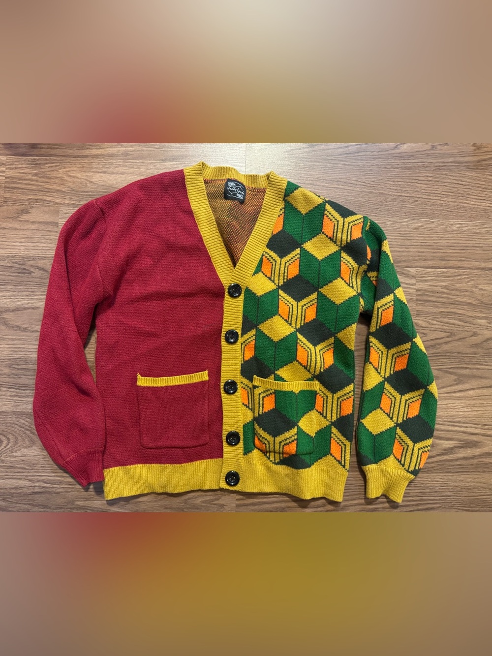 Geometric Colorblock V-Neck Cardigan Sweater - Red, Green & Yellow